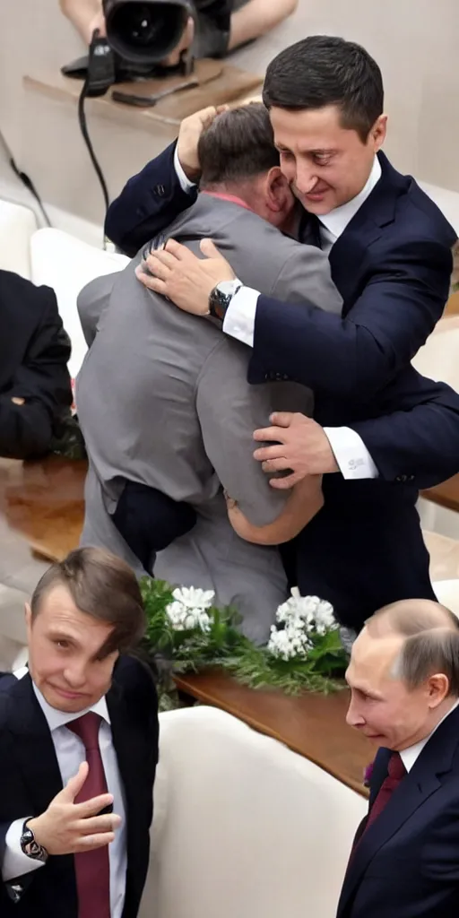 Prompt: Vladimir Putin gives Volodymyr Zelenskyy a great big hug