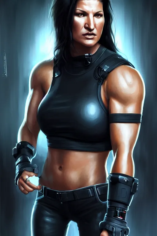 Image similar to gina carano with robotic left arm, casual black clothing, muscular, casual pose, large portrait, cyberpunk, digital painting, artstation, concept art, smooth, 8 k frostbite 3 engine, ultra detailed, art by artgerm and greg rutkowski and magali villeneuve