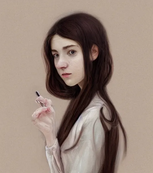 Prompt: https://s.mj.run/SVF9-OTU880 portrait of a welsh teenage girl with brown hair, glowing skin, delicate features, amelie poulain, fantasy, small mouth, quiet beauty, intricate, elegant, dress shirt, highly detailed, digital painting, artstation, concept art, smooth, sharp focus, illustration, art by Krenz Cushart and Artem Demura and alphonse mucha