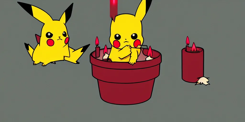 Image similar to pikachu devouring a dog sharp teeth burtal eyes scary mouth dark room red candles trash bin