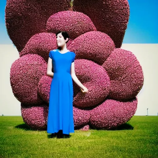 Prompt: giant flower head, full body, girl standing in front of house, surreal photography, symmetry, mid century, flat light, bright colours, blue sky, realistic, wes anderson