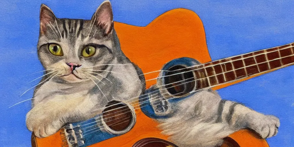 Prompt: a cat with the body of a guitar, a big star, a blue sky