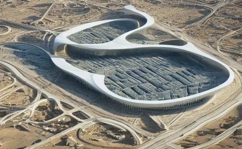 Image similar to parametric structure, medical complex, in the desert beside the gulf, view from above, design by rem norman foster, dezeen, architectural photography