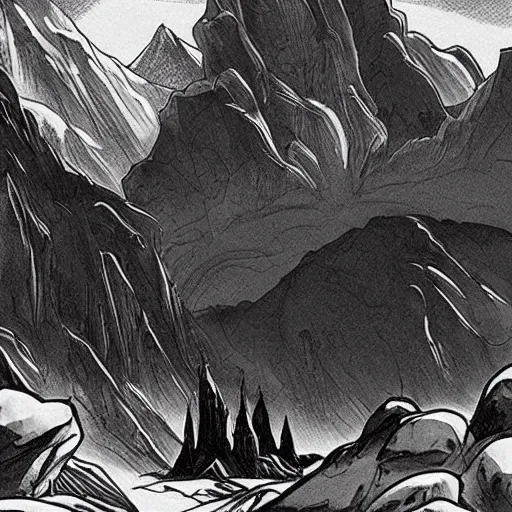 Prompt: place that is like nowhere but has mountains in the background with a doom infernal aesthetic, but also clean, with black tones, similar to a dream, with a lord of demons judging some lost souls with his skeleton pointing finger