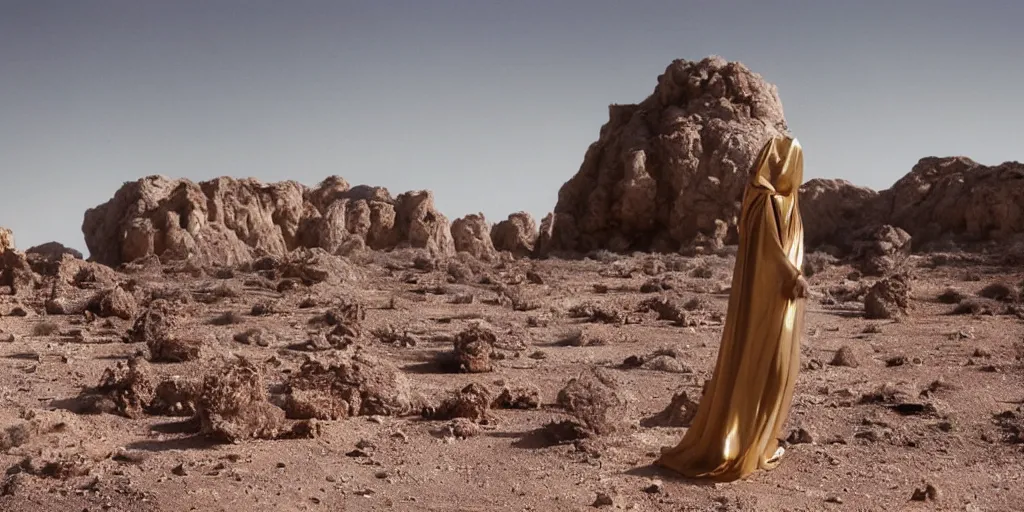 Image similar to levitating ghost veiled silhouette with full - face golden bright glowing reflective mask in a dry rocky desert landscape with abandoned city beneath the sand, visible sky and sunny atmosphere, floating rocks, flying rocks and fata morgana and giant mirrors by alejandro jodorowsky, anamorphic lens, kodakchrome, practical effects, masterpiece, 8 k