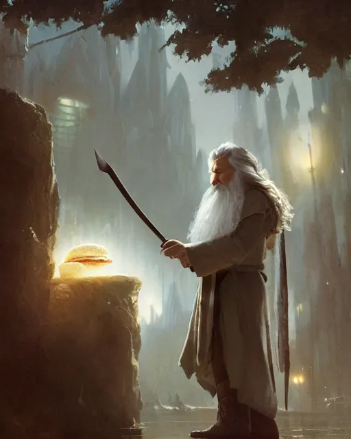 Prompt: gandalf eating a big mac, greg rutkowski, esuthio, craig mullins, cinematic lighting, gloomy