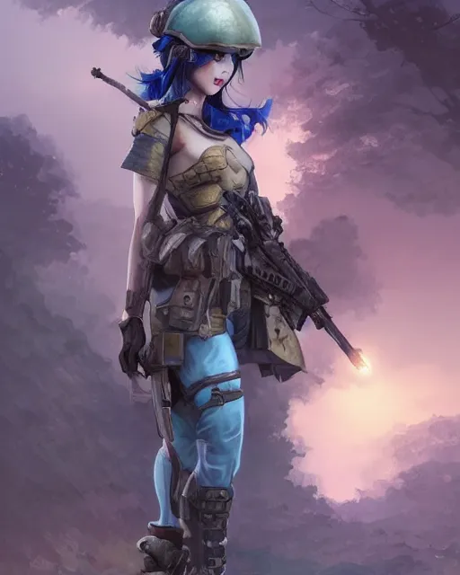 Image similar to stunningly beautifuljapanese girl with blue hair, fantasy art, military girl, army girl outfit, soldier helmet, jungle background, dark light night, sharp focus, digital painting, 8 k, concept art, art by wlop, artgerm, greg rutkowski and alphonse mucha