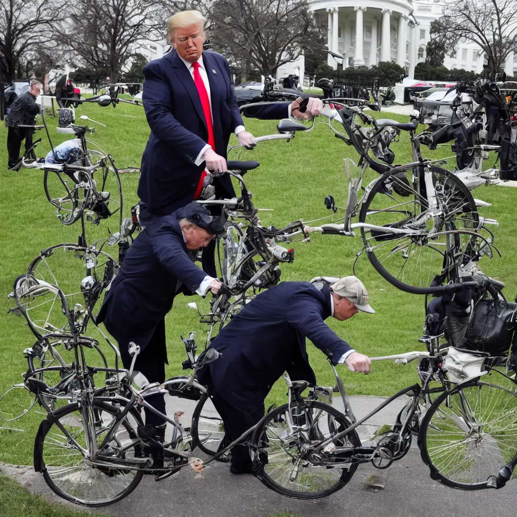 Image similar to trump repairs a bicycle outside the white house