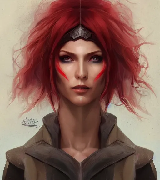 Prompt: A detailed matte oil on canvas head on symmetrical portrait of a distinguished elven woman with red and blue hair by Charlie bowater and lise deharme wlop, trending on artstationhd, dungeons and dragons art critical role