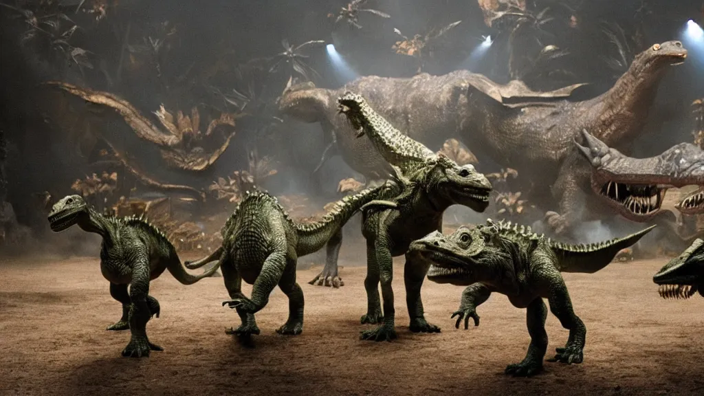 Image similar to movie scene of a group of draconian humanoid walking around the dinosaurs, reptil, reptilian, movie still, cinematic composition, cinematic light, criterion collection, reimagined by industrial light and magic, Movie by David Lynch and Ridley Scott