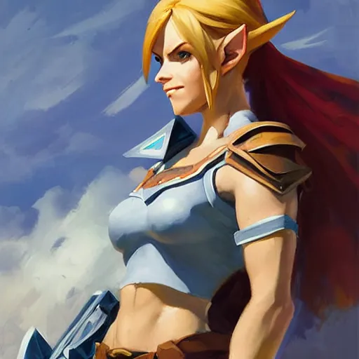 Image similar to greg manchess portrait painting of partially armored female link from legend of zelda as overwatch character, medium shot, asymmetrical, profile picture, organic painting, sunny day, matte painting, bold shapes, hard edges, street art, trending on artstation, by huang guangjian and gil elvgren and sachin teng