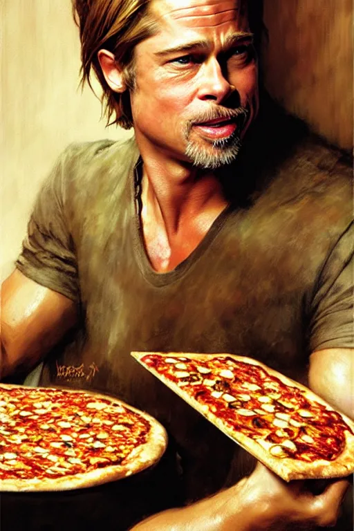 Prompt: brad pitt eating pizza, portrait dnd, painting by gaston bussiere, craig mullins, greg rutkowski, yoji shinkawa