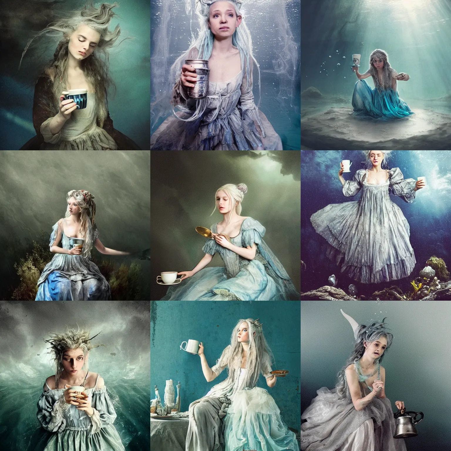 Prompt: A 18th century, messy, silver haired, (((mad))) elf princess, dressed in a ((ragged)), wedding dress, is ((drinking a cup of tea)). Everything is underwater and floating. Greenish blue tones, theatrical, (((underwater lights))), high contrasts, fantasyconcept art, inspired by John Everett Millais's Ophelia