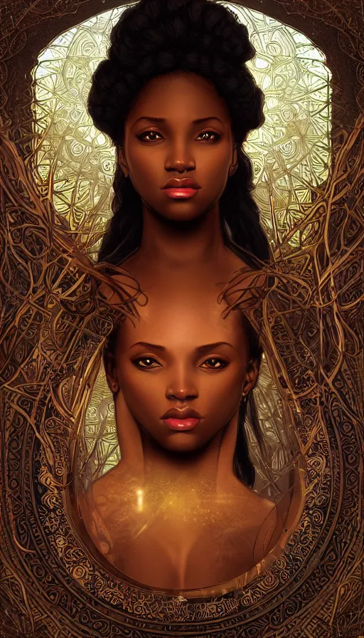 Image similar to black african princess, warm volumetric lighting, cosmic, symmetric, highly detailed, concept art, heavenly, intricate, sharp focus, illustration, alexandros pyromallis, bouguereau, rutkowski, artgerm, alphonse mucha