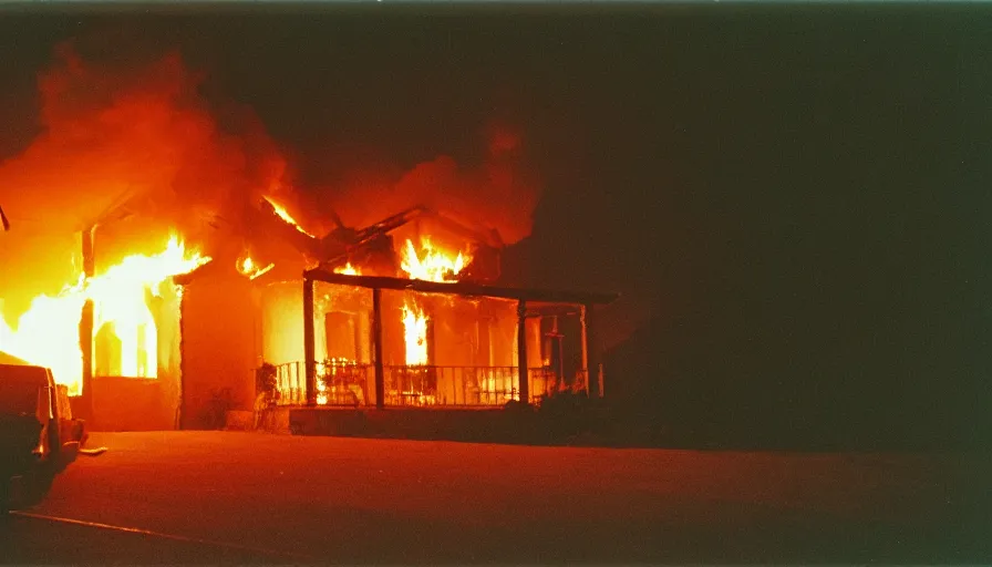 Image similar to 1 9 7 0 s movie still of a burning french style house in a small french village by night, cinestill 8 0 0 t 3 5 mm, heavy grain, high quality, high detail, dramatic light, anamorphic, flares