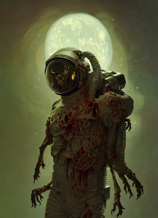 Prompt: a zombie astronaut , diffuse lighting, fantasy, intricate, elegant, highly detailed, lifelike, photorealistic, digital painting, artstation, illustration, concept art, smooth, sharp focus, art by John Collier and Albert Aublet and Krenz Cushart and Artem Demura and Alphonse Mucha