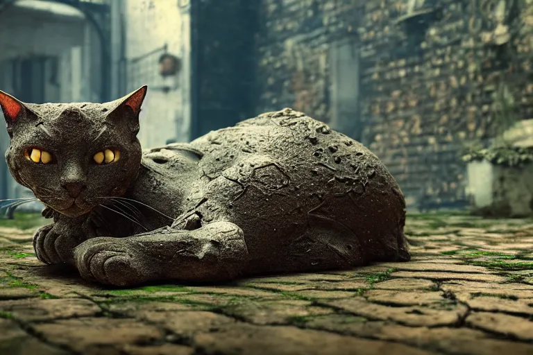 Image similar to Broken cyborg cat sitting on old courtyard with mud and an old playground between two soviet five-storey overgrown with ivy panel houses, high details, cinematic, 8k resolution, beautiful detailed, insanely intricate details, artstation trending, rule of third, octane render, unreal engine