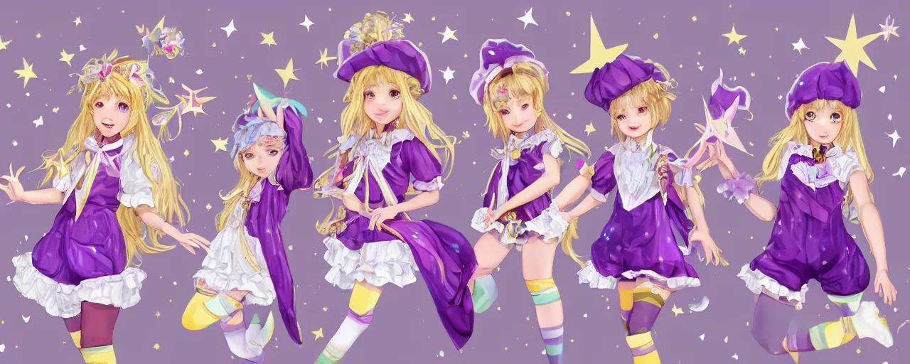 Prompt: A character sheet of full body cute magical girls with short blond hair wearing an oversized purple Beret, Purple overall shorts, Short Puffy pants made of silk, pointy jester shoes, a big billowy scarf, and white leggings. Rainbow accessories all over. Flowing fabric. Golden Ribbon. Fancy Lolita Dress. Baby the stars shine bright. Covered in stars. Artist Clothes. Painter Clothes. Dreamer. Short Hair. Art by william-adolphe bouguereau and Paul Delaroche and Alexandre Cabanel and Lawrence Alma-Tadema and WLOP and Artgerm. Fashion Photography. Decora Fashion. harajuku street fashion. Kawaii Design. Intricate, elegant, Highly Detailed. Smooth, Sharp Focus, Illustration Photo real. realistic. Hyper Realistic. Sunlit. Moonlight. Dreamlike. Surrounded by clouds. 4K. UHD. Denoise.