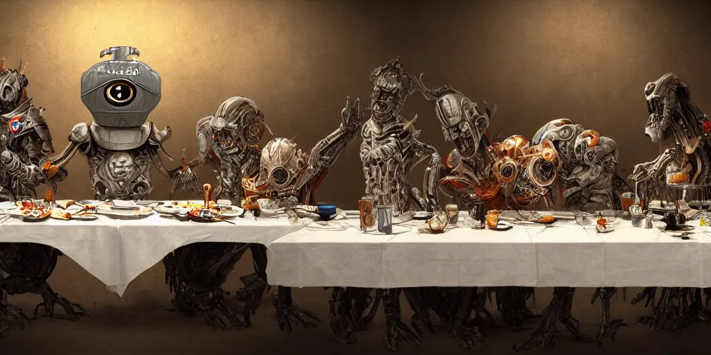 Image similar to last supper realistic robot , A Monster Emerges - inspired by 'The Beholder' Concept by Marcus Whinney trending on artstation