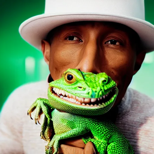 Image similar to cinematic film still of Pharrell Williams holding a lizard while Making A Beat with an anthropomorphic alien, Japanese VFX, 2018, 400mm lens, f1.8, shallow depth of field,film photography