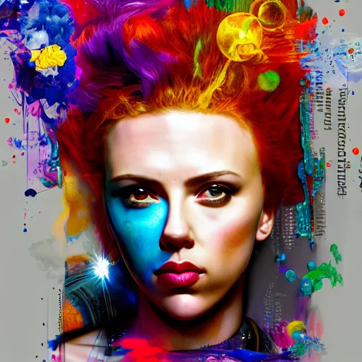 Prompt: young scarlett johansson as delirium from sandman, ( hallucinating colorful soap bubbles ), by jeremy mann, by sandra chevrier, by jean giraud and richard avedon, punk rock, tank girl, high detailed, 8 k