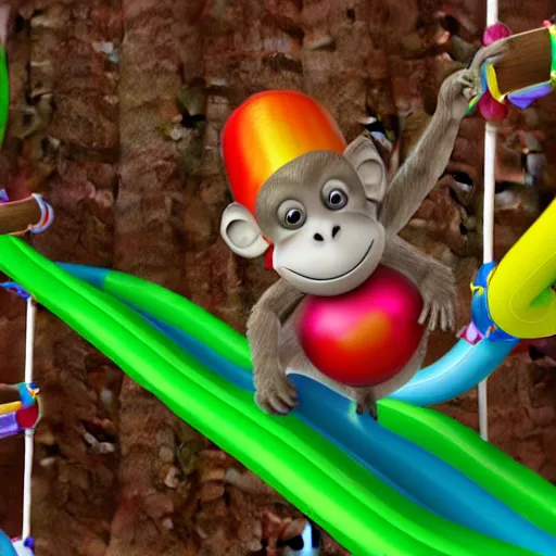 Image similar to multicolor 3 d render of happy monkey sliding down a waterslide by @ combrisi in 4 k ultra high resolution, with funny feeling