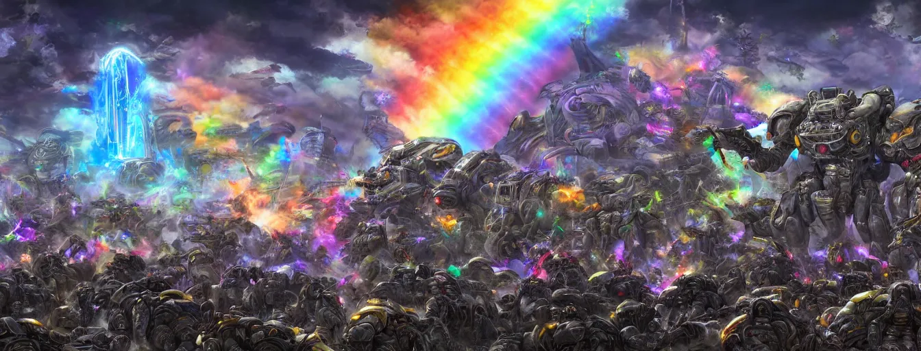 Prompt: a zoomed out panoramic view an army of rainbow soul army calvary screaming into the battlefield. hyperrealistic anime background illustration by kim jung gi, starcraft 2, colorful, extremely detailed intricate linework, smooth, super sharp focus, bright colors, high contrast, matte, octopath traveler, unreal engine 5 highly rendered, global illumination, radiant light
