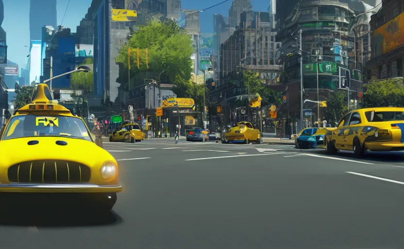 Prompt: ps 4 game about a frog driving a taxi, unreal 4 screenshot,