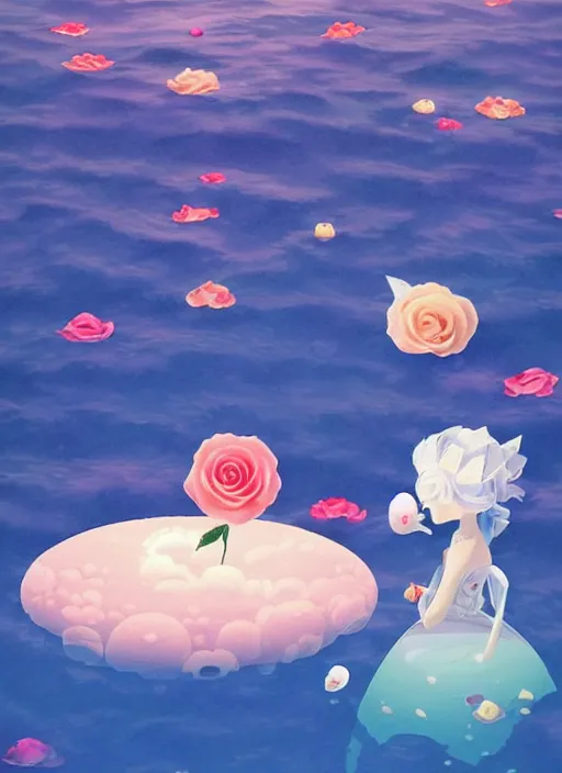 Image similar to On the surface of the sea in the moonlight, there were some roses floating on the surface of the sea，by Chiho Aoshima