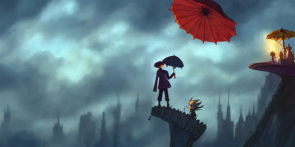 Prompt: a realistic and atmospheric cell - shaded concept art from howl's moving castle ( 2 0 0 4 ) of a multi - colored wyvern in the air. a man with an umbrella is standing in a flooded city. it is a misty starry night. very dull muted colors, hd, 4 k, hq