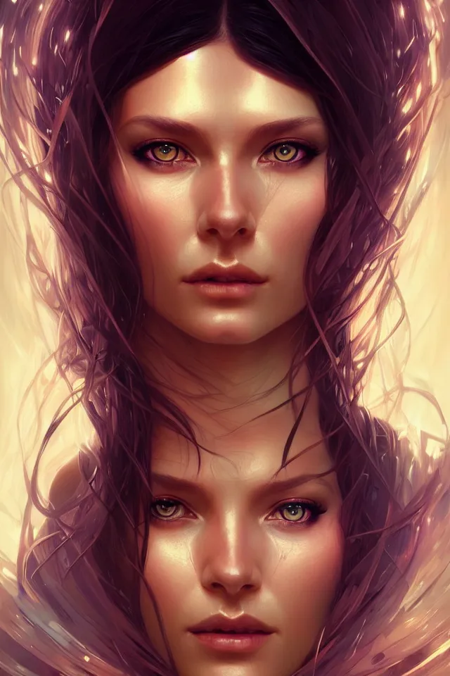 Image similar to futuristic woman portrait, sci-fi, amber eyes, face, long hair, fantasy, intricate, elegant, highly detailed, digital painting, artstation, concept art, smooth, sharp focus, illustration, art by artgerm and greg rutkowski and alphonse mucha