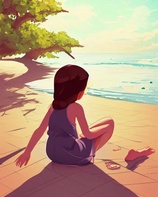 Image similar to a little girl sit beach. clean cel shaded vector art. illustration art by lois van baarle and helen huang and artgerm and makoto shinkai