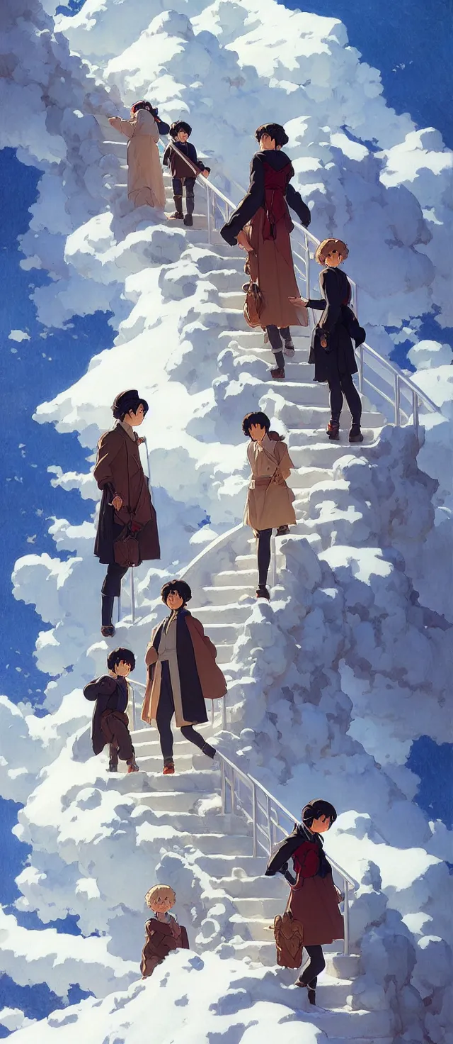Image similar to stairway to heaven, winter, in the style of studio ghibli, j. c. leyendecker, greg rutkowski, artem