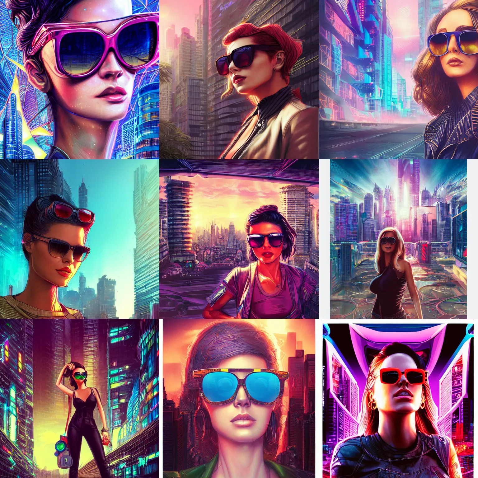 Prompt: A woman wearing sunglasses in front of a retrowave city by Artgerm and Greg Rutkowski and Magali Villeneuve, ultra intricate details, photorealistic,, HDR,