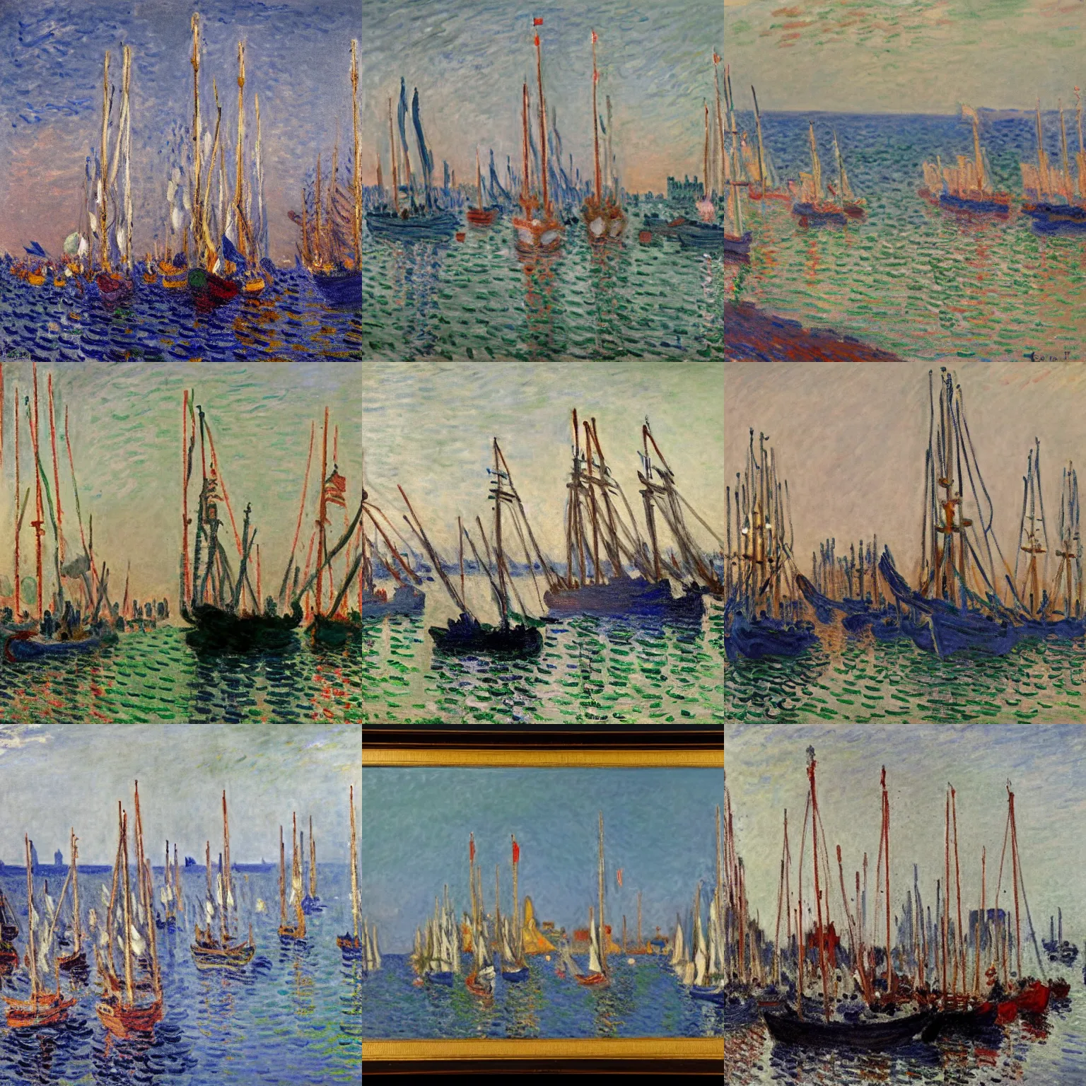 Prompt: a master gouache painting of a group of ships docked at the harbor, group mass composition, very detaied, 8 k, by claude monet