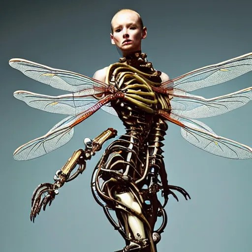 Image similar to still frame from Prometheus movie by Makoto Aida by malczewski, biomechanical dragonfly angel gynoid, metal couture by neri oxmn and Guo pei, editorial by Malczewski and by Caravaggio