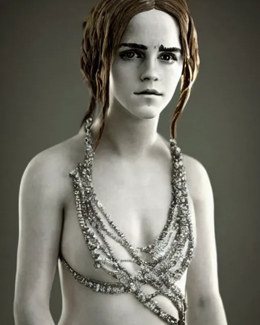 Prompt: portrait of a white marble statue adorned with silver and diamonds of emma watson in mad max, photo by studio ghibli, beautiful, cute, anime artstyle, amazing lighting