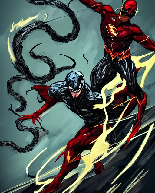 Image similar to venom as the flash, dynamic lighting, fantasy concept art, trending on art station, stunning visuals, creative, cinematic, ultra detailed, comic strip style