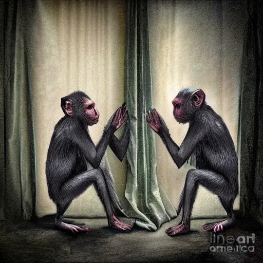 Image similar to two macaques looking at each other inside victorian mansion, digital art, soft shadows, creepy art, flare effect