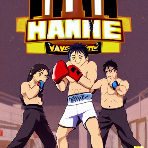 Image similar to hajime no ipo box fight, boxing in ring, 1v1 fight center stage, Ipo vs. Nekota, Ipo has black hair, lightweight, Nekota has brown hair, lightweight, Liver shot hitting oponent in the air, style of Hajime no Ipo, animated, high quality animation, HD, style of Anime: Hajime no Ipo, liver shot