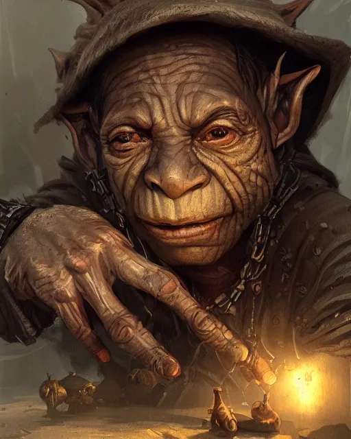 Image similar to A goblin merchant selling treasuries, highly detailed face, close-up, fantasy art, goblin art, in the style of greg rutkowski, illustration, epic, fantasy, intricate, hyper detailed, artstation, concept art, smooth, sharp focus, ray tracing