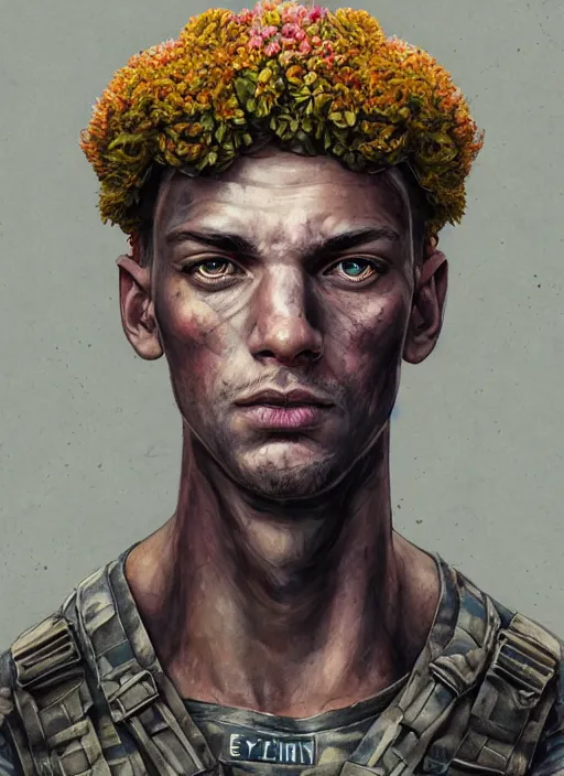 Image similar to handmade character portrait of an american soldier covered in amaratyllis, hydrangea, chrysanthemum and hyacinth, in the style of artgerm and enki bilal and bastien lecouffe - deharme, wlop, line art, watercolor, cinematic lighting, hyperdetailed, hyperrealistic