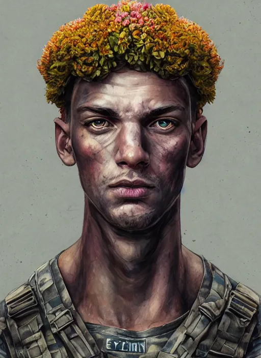 Prompt: handmade character portrait of an american soldier covered in amaratyllis, hydrangea, chrysanthemum and hyacinth, in the style of artgerm and enki bilal and bastien lecouffe - deharme, wlop, line art, watercolor, cinematic lighting, hyperdetailed, hyperrealistic