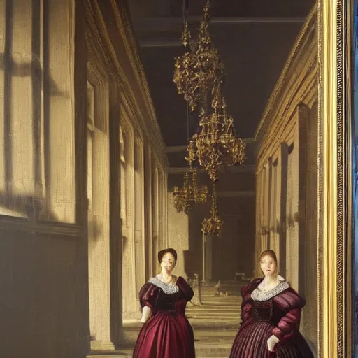 Image similar to oil on canvas painting. two women in a vast castle lobby wearing fine clothes. dark room with light coming through the right side of the place. baroque style 1 6 5 6. high quality painting, no distortion at all.