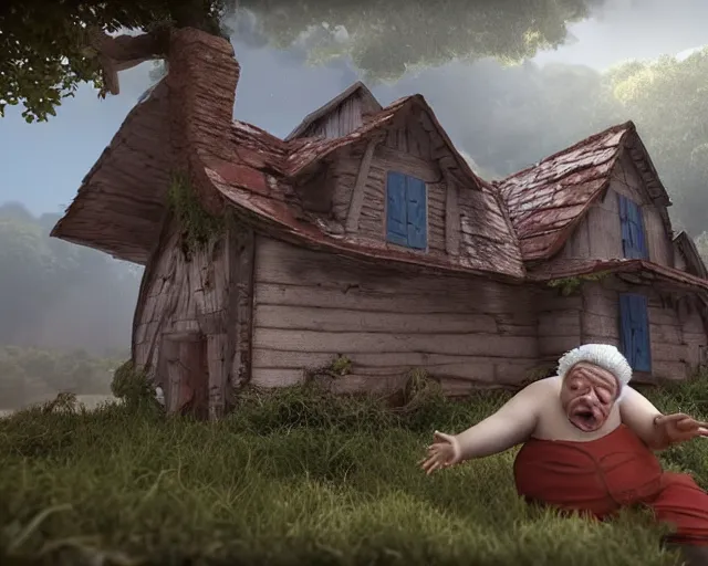 Prompt: of a very beautiful scene. ambient occlusion render. a sweet fat old woman is giving birth to her broken house. hyper realistic. 4 k. wide angle. wild. symmetrical face, red mouth, blue eyes. deep focus, lovely scene. ambient occlusion render. concept art. unreal engine.