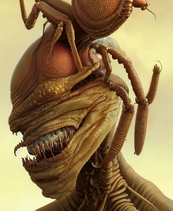 Image similar to intricate earth - toned portrait of a disturbing terrifying alien insect creature, mottling coloring, adorable, childlike, medical environment, ultra realistic, concept art, art nouveau, photorealistic, octane render, 8 k, unreal engine. art by christopher marley and artgerm and greg rutkowski and alphonse mucha