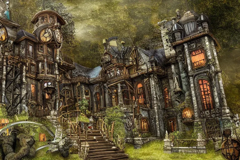 Image similar to photograph of a fantasy style woodland steampunk mansion with clockwork mechanic doors in an ancient forest