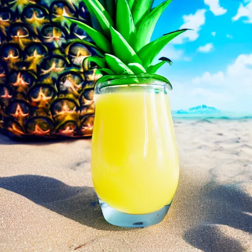 Image similar to pineapple juice chilling on the beach lying in a sun bed, realistic, hdr, clear image, hdd, dynamic lighting, rtx on,