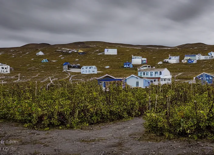 Image similar to desolate abandoned longyearbyen, taken over by nature, houses covered in vines