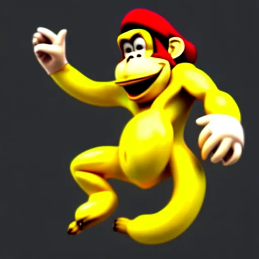 Prompt: Donkey Kong slipping on a banana, 3D render